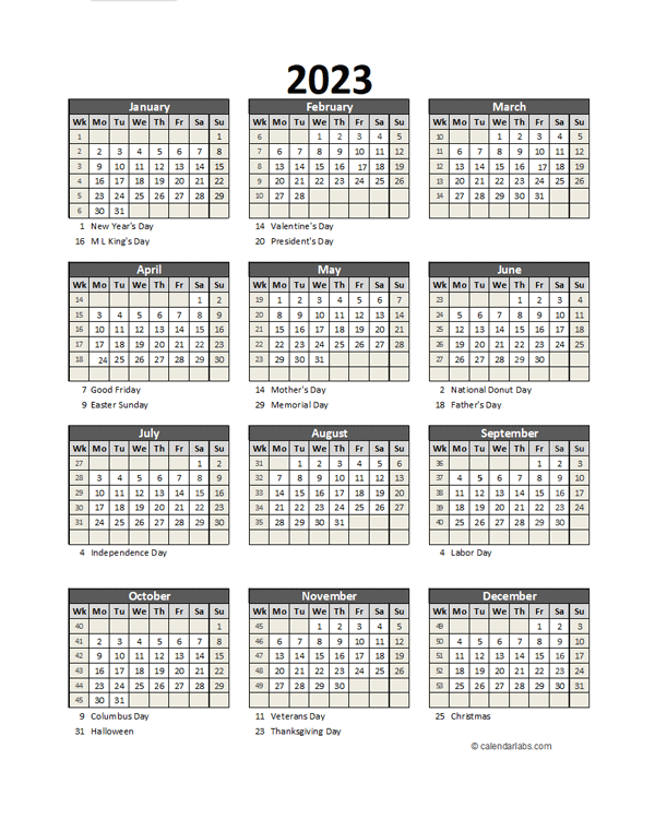 Editable 2023 Yearly Spreadsheet Calendar Free Printable Templates