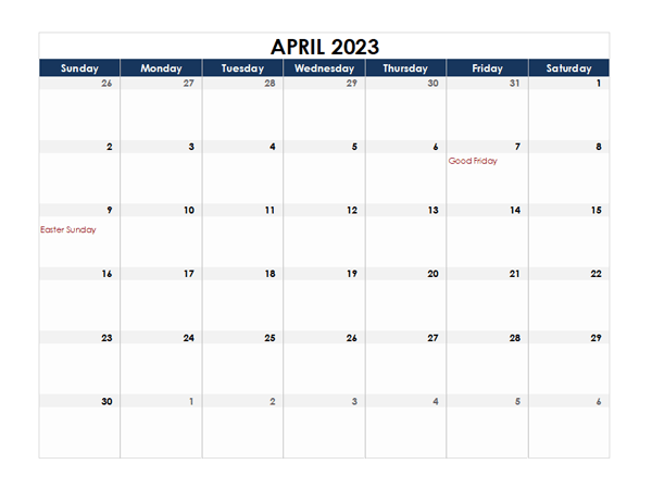 April 2023 Calendar Blank