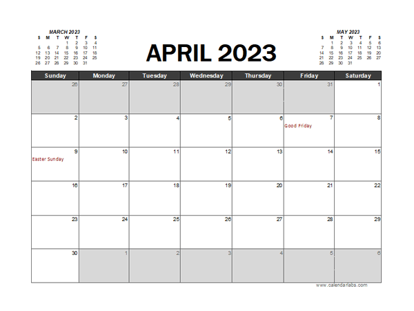 April 2023 Calendar Excel