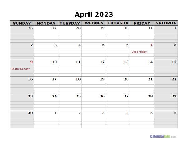 April 2023 Calendar Word