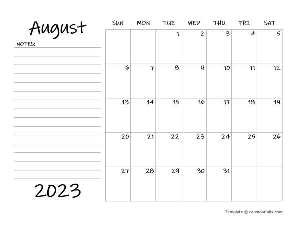 August 2023 Appointment Word Calendar