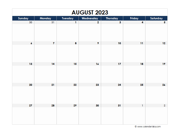 August 2023 Calendar Blank