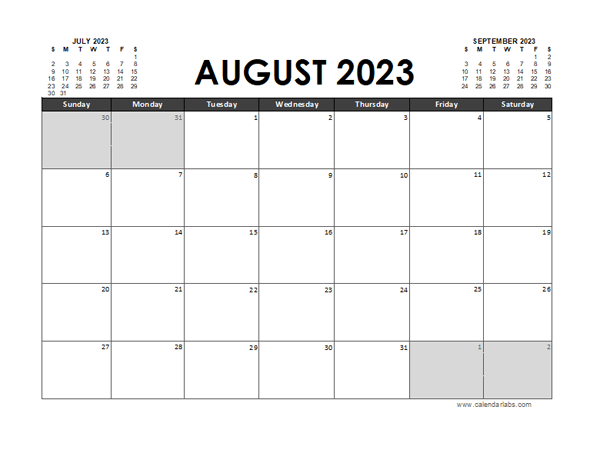 August 2023 Calendar Excel