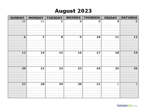 August 2023 Calendar Word