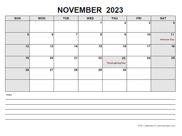 Blank November 2023 Calendar-pdf