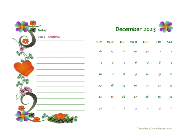 December 2023 Calendar Dates