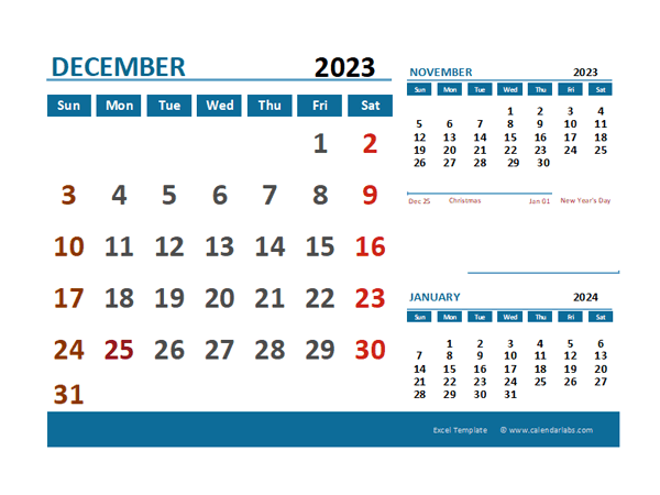 December 2023 CalendarExcel With Holidays