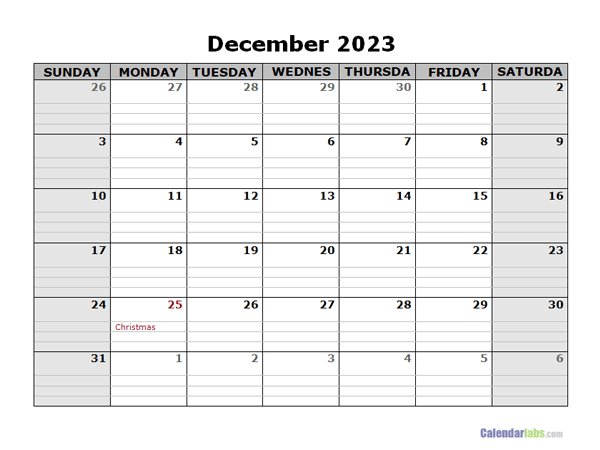 December 2023 Calendar Word