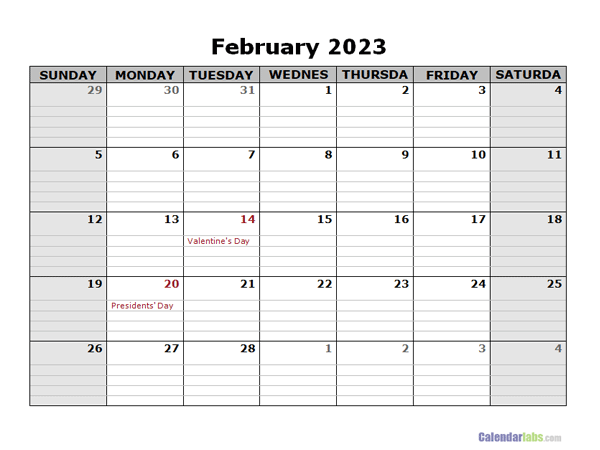 February 2023 Calendar Word
