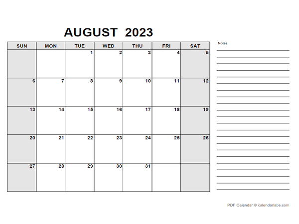 Free Printable August 2023 Calendar Pdf