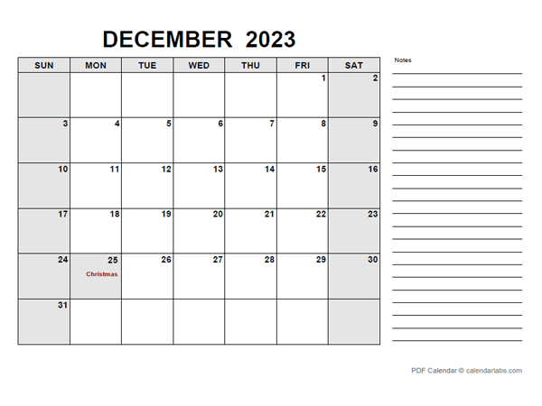 Free Printable December 2023 Calendar Pdf