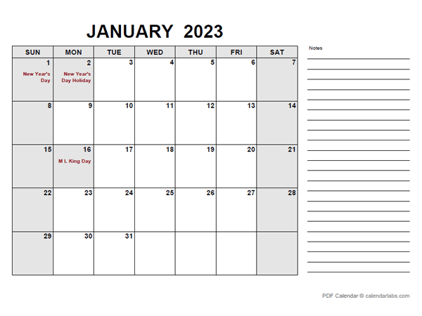 Free Printable January 2023 Calendar Pdf
