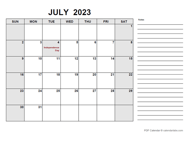 Free Printable July 2023 Calendar Pdf