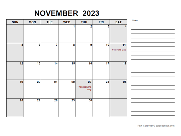 Free Printable November 2023 Calendar Pdf