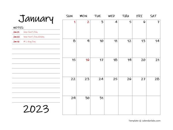 January 2023 Appointment Word Calendar