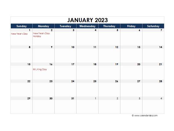 January 2023 Calendar Blank