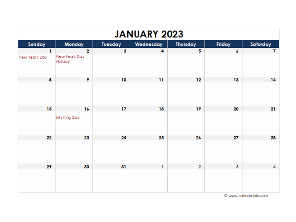 January 2023 Calendar Blank Free Printable Templates