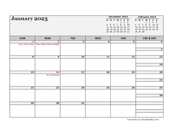 January 2023 CalendarEditable