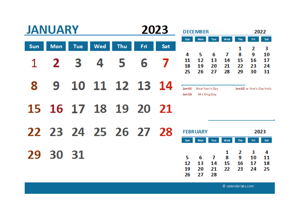 January 2023 CalendarExcel With Holidays