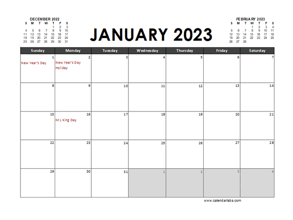January 2023 Calendar Excel