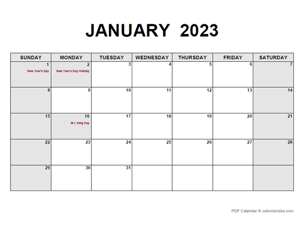 January 2023 Calendar Pdf