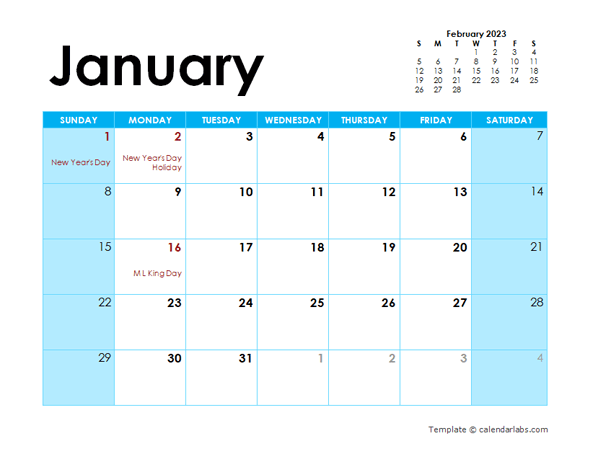 January 2023 Calendar With Holidays Free Printable Templates