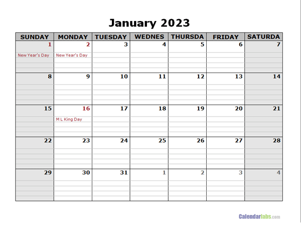 January 2023 Calendar Word