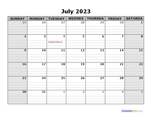 July 2023 Calendar Word