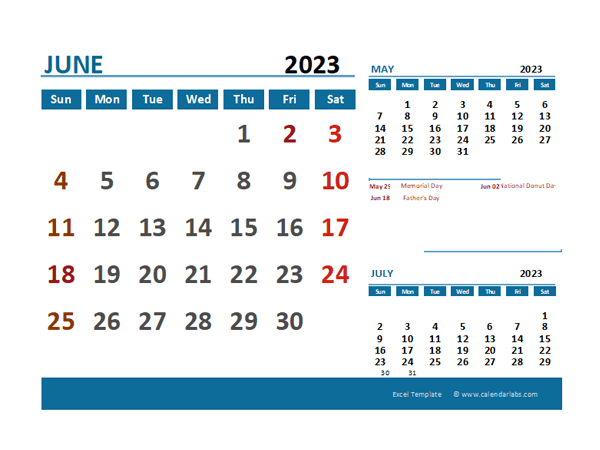 June 2023 CalendarExcel With Holidays