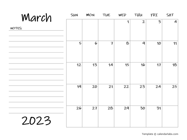 March 2023 Appointment Word Calendar
