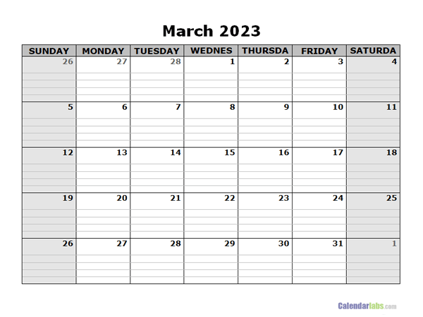 March 2023 Calendar Word