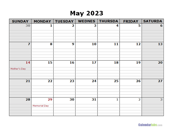 May 2023 Calendar Word