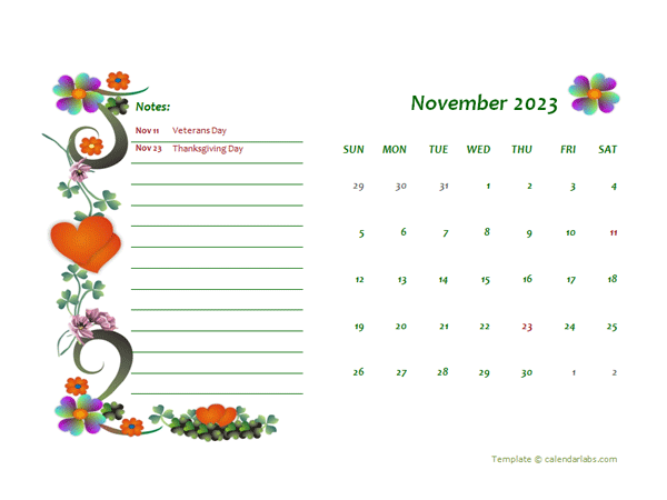 November 2023 Calendar Dates