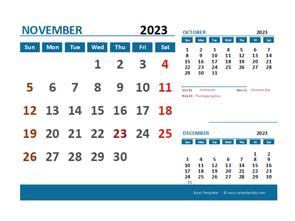 November 2023 CalendarExcel With Holidays