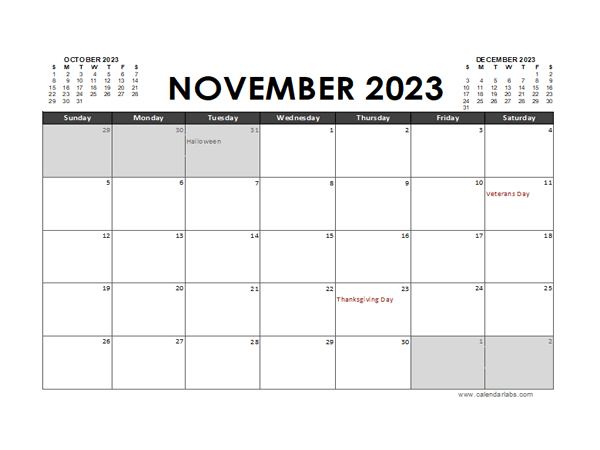 November 2023 Calendar Excel