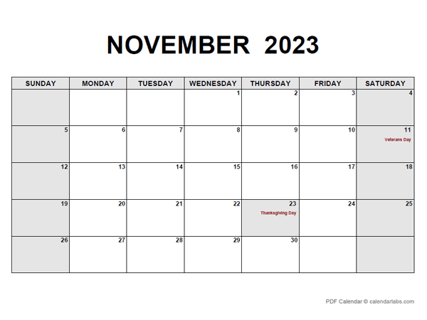 November 2023 Calendar Pdf - Free Printable Templates