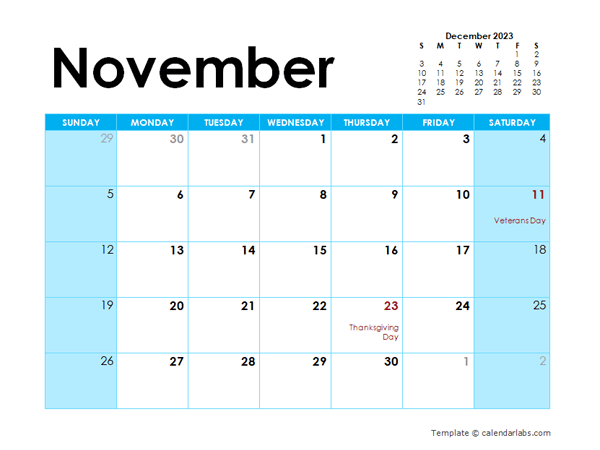 November 2023 Calendar With Holidays