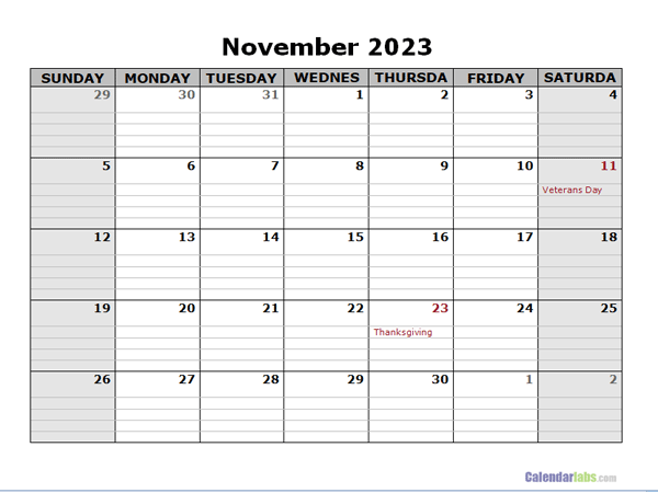 November 2023 Calendar Word