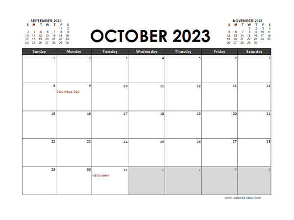 October 2023 Calendar Excel