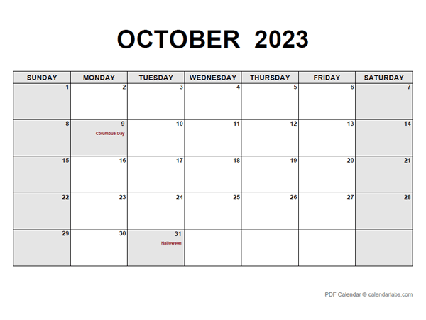 October 2023 Calendar Pdf