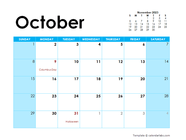 October 2023 Calendar With Holidays