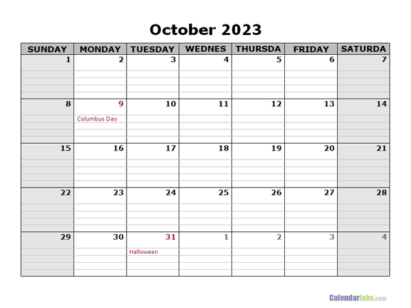 October 2023 Calendar Word