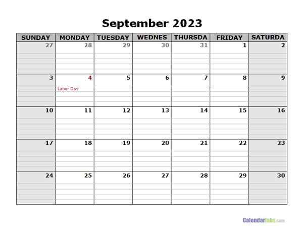 September 2023 Calendar Word