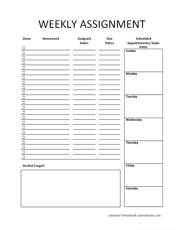 weekly assignment sheet template free