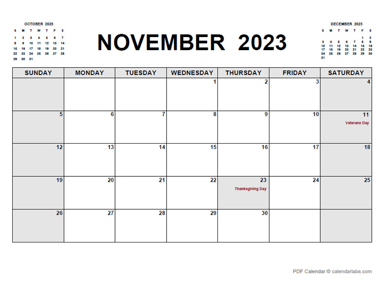 November 2023 Calendar with Holidays | CalendarLabs
