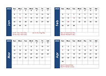 2023 Four Month Calendar Template