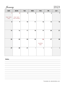 2023 Australia Calendar Template Large Boxes