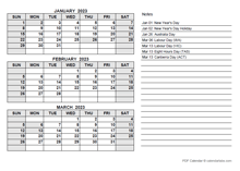 2023 Australia Quarterly Calendar with Holidays