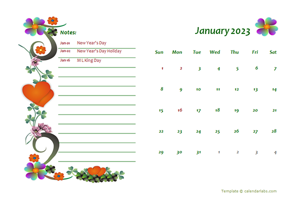 2023 Floral Monthly Kids Calendar Template