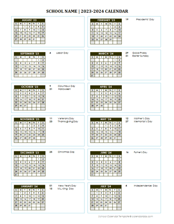 2023 Free School Yearly Calendar Aug